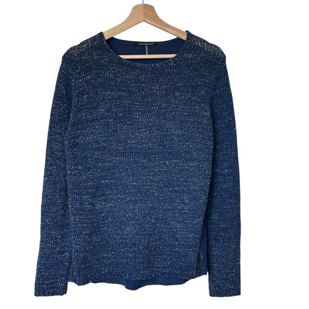Luisa Cerano blue metallic knit sweater pullover Size 10